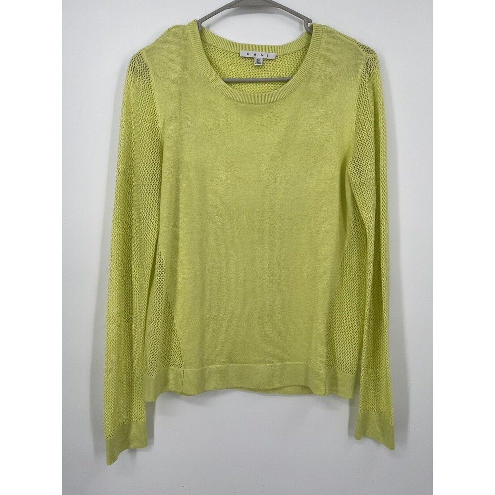 Cabi Sweater Womens Medium Neon‎ Yellow Open Knit Crew Neck Mixed Media Pullover